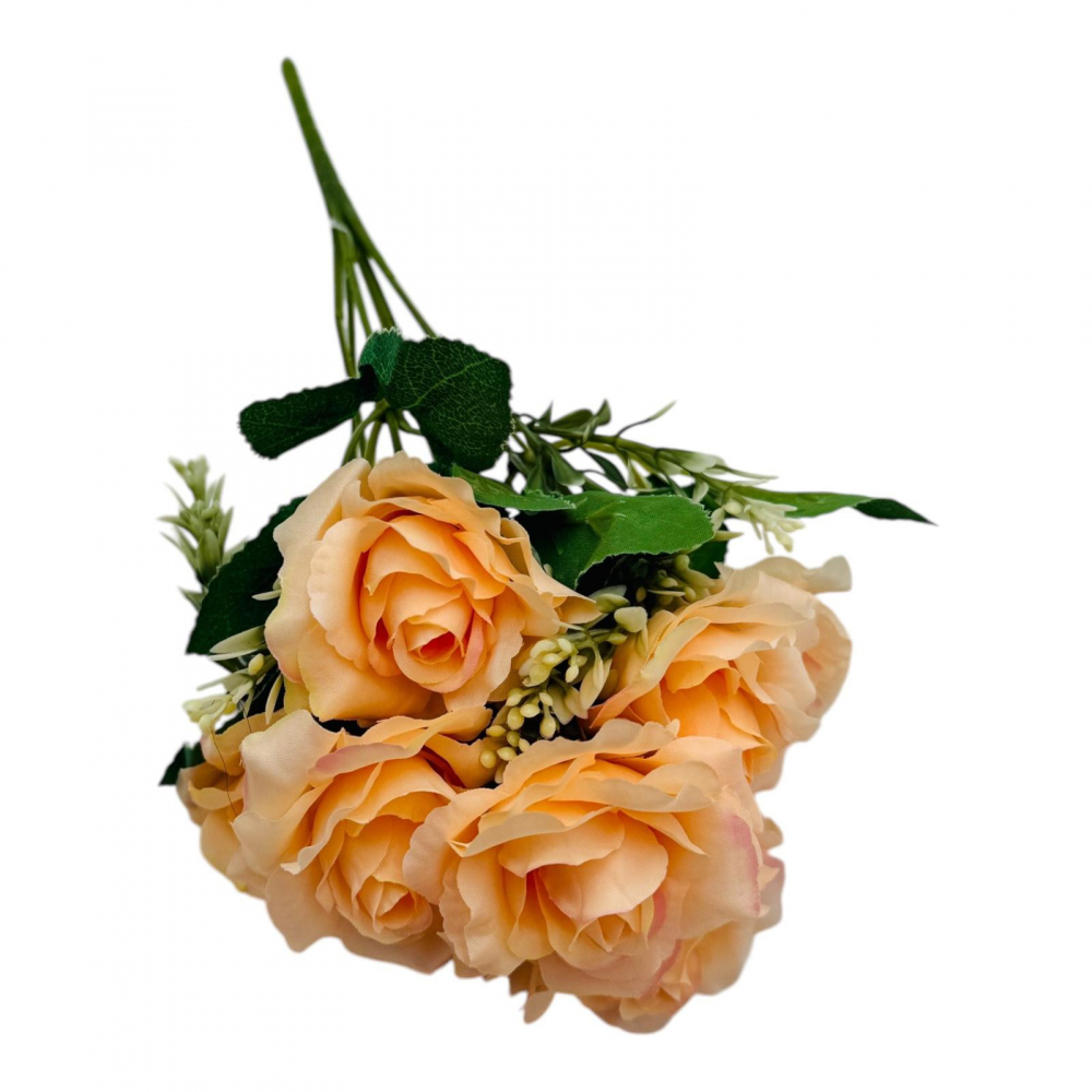 Buchet artificial deosebit cu 7 trandafiri si crengute de eucalipt cu boboci, un singur fir, 30cm, portocaliu [3]