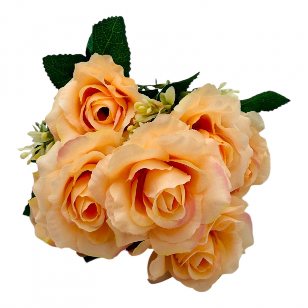 Buchet artificial deosebit cu 7 trandafiri si crengute de eucalipt cu boboci, un singur fir, 30cm, portocaliu [2]