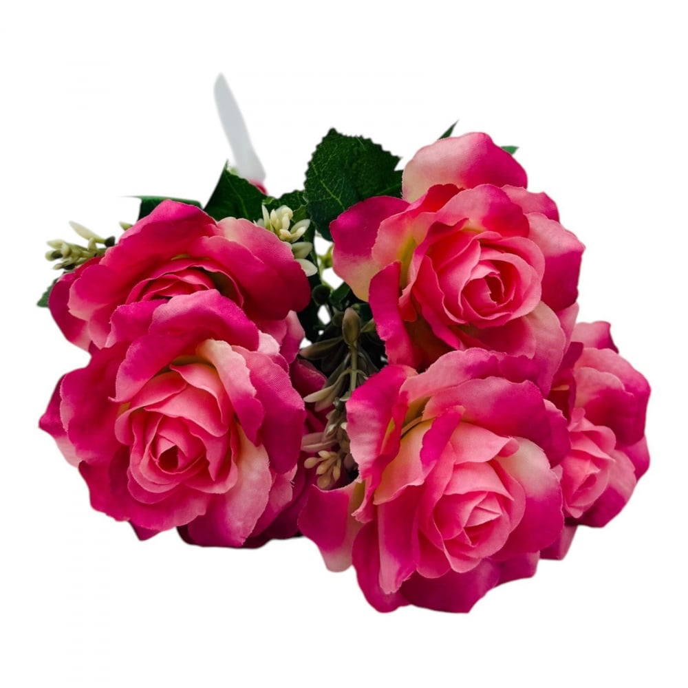 Buchet artificial deosebit cu 7 trandafiri si crengute de eucalipt cu boboci, un singur fir, 30cm, roz+mov [2]