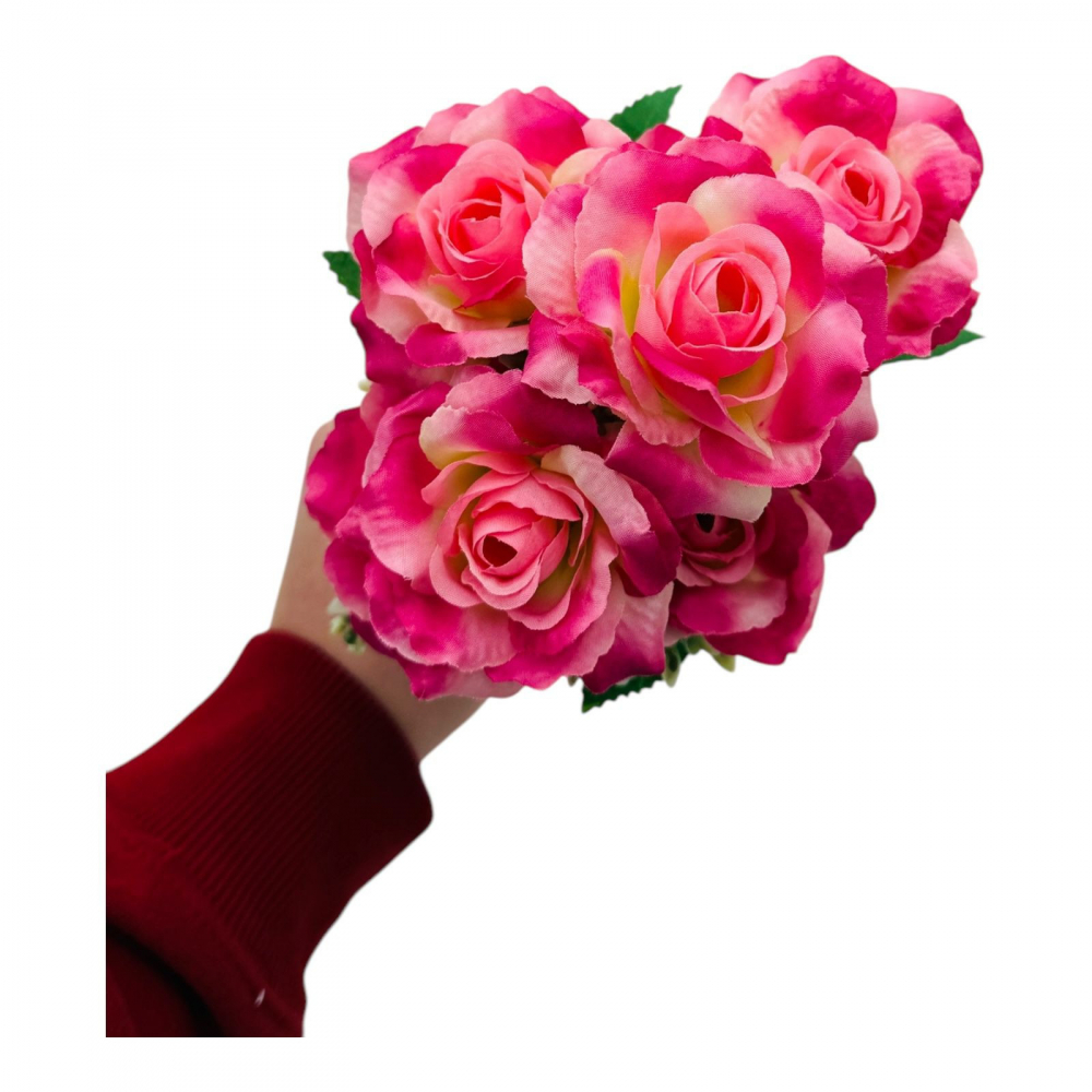 Buchet artificial deosebit cu 7 trandafiri si crengute de eucalipt cu boboci, un singur fir, 30cm, roz+mov [1]