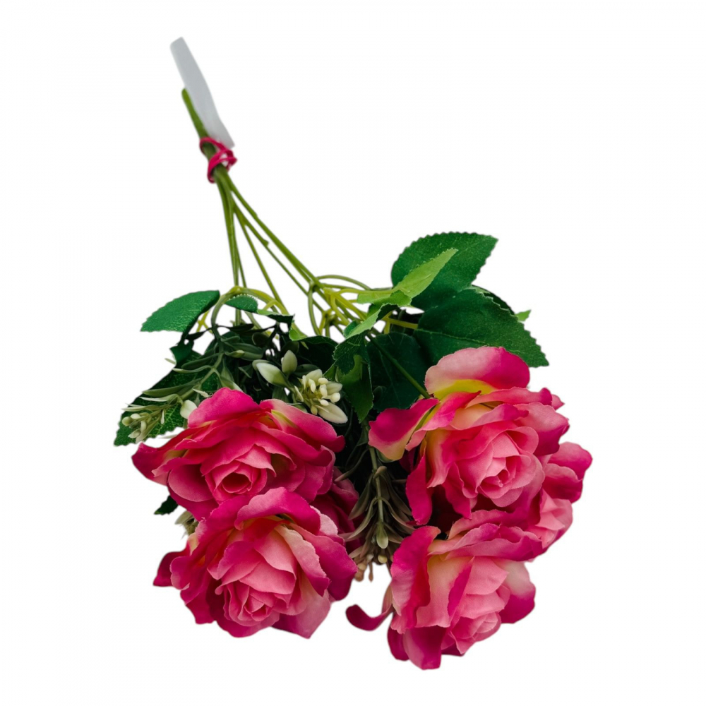 Buchet artificial deosebit cu 7 trandafiri si crengute de eucalipt cu boboci, un singur fir, 30cm, roz+mov [3]