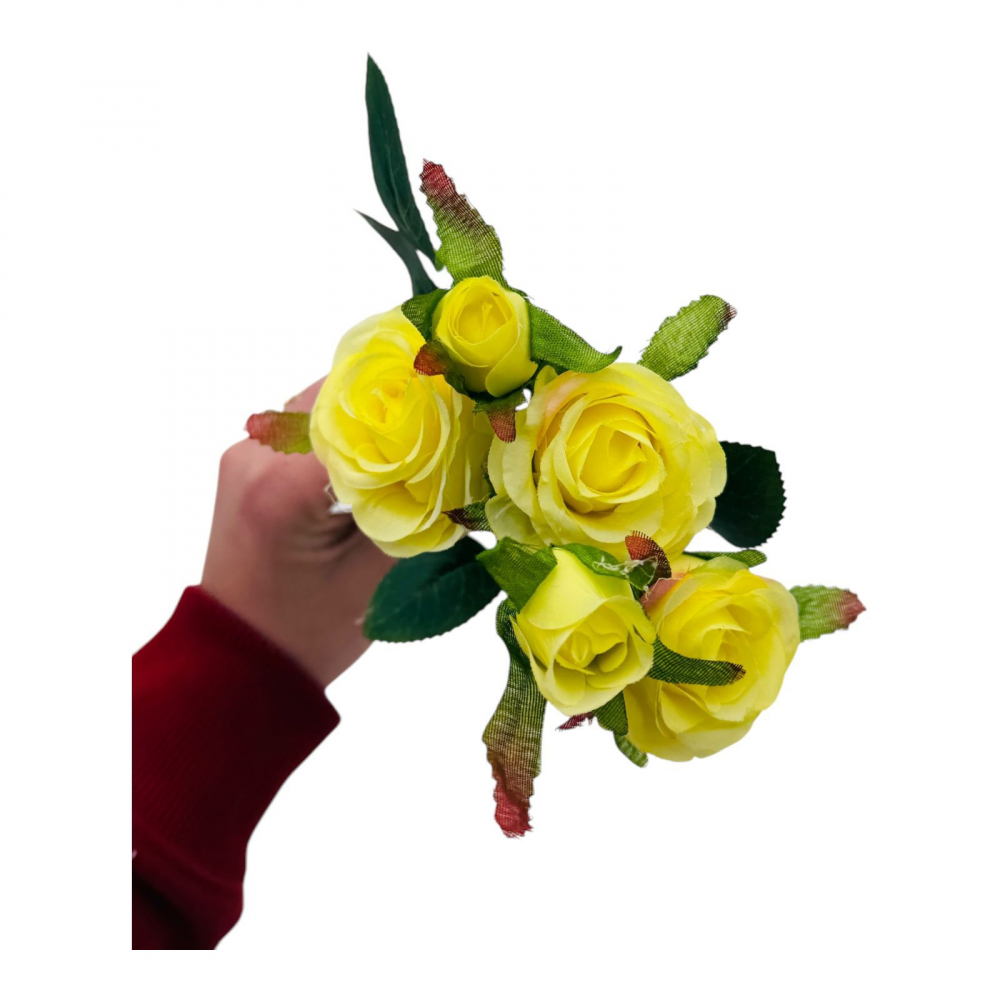 Buchet artificial elegant cu 3 trandafiri si 2 boboci, 44cm, un singur fir, calitate superioara, galben [3]