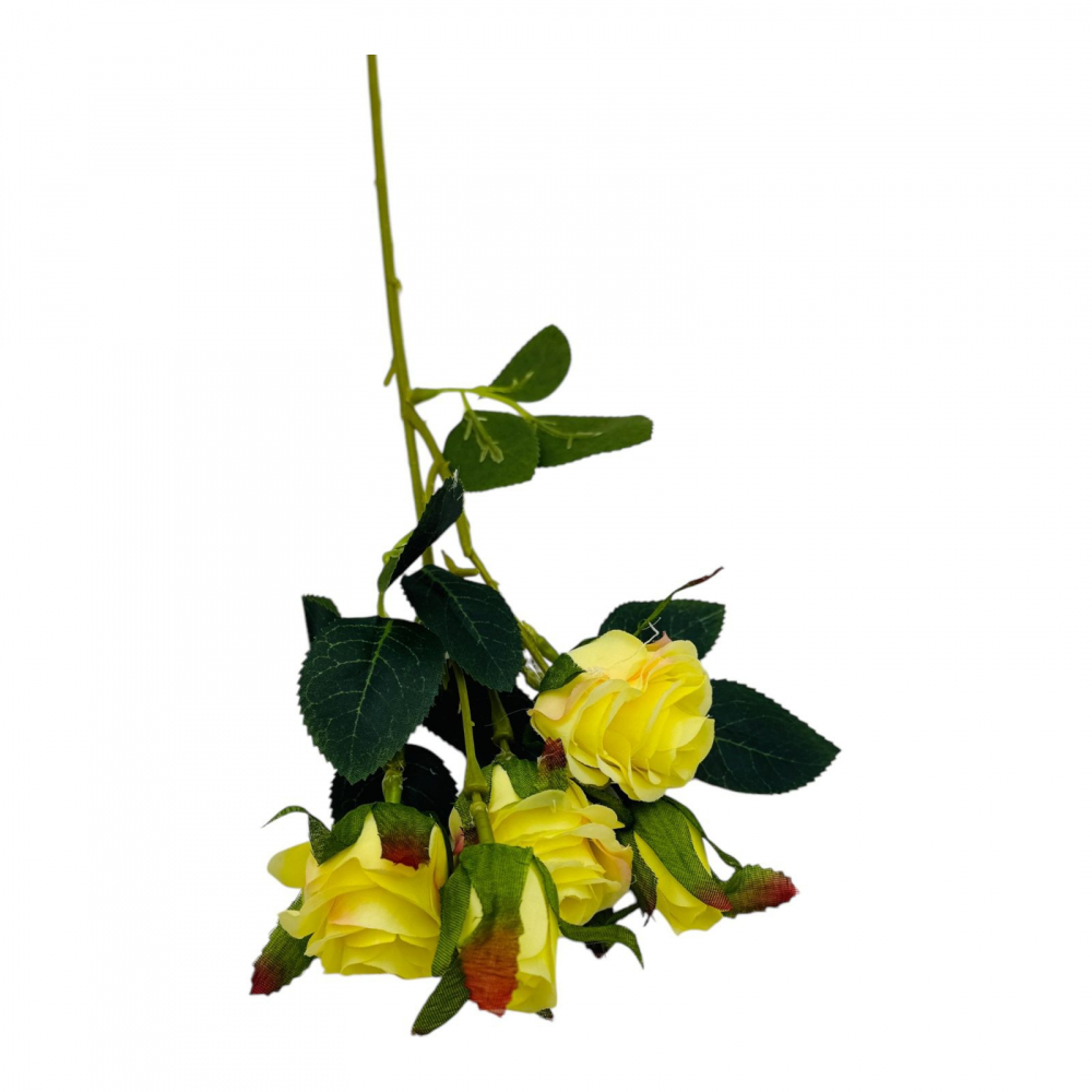 Buchet artificial elegant cu 3 trandafiri si 2 boboci, 44cm, un singur fir, calitate superioara, galben [1]
