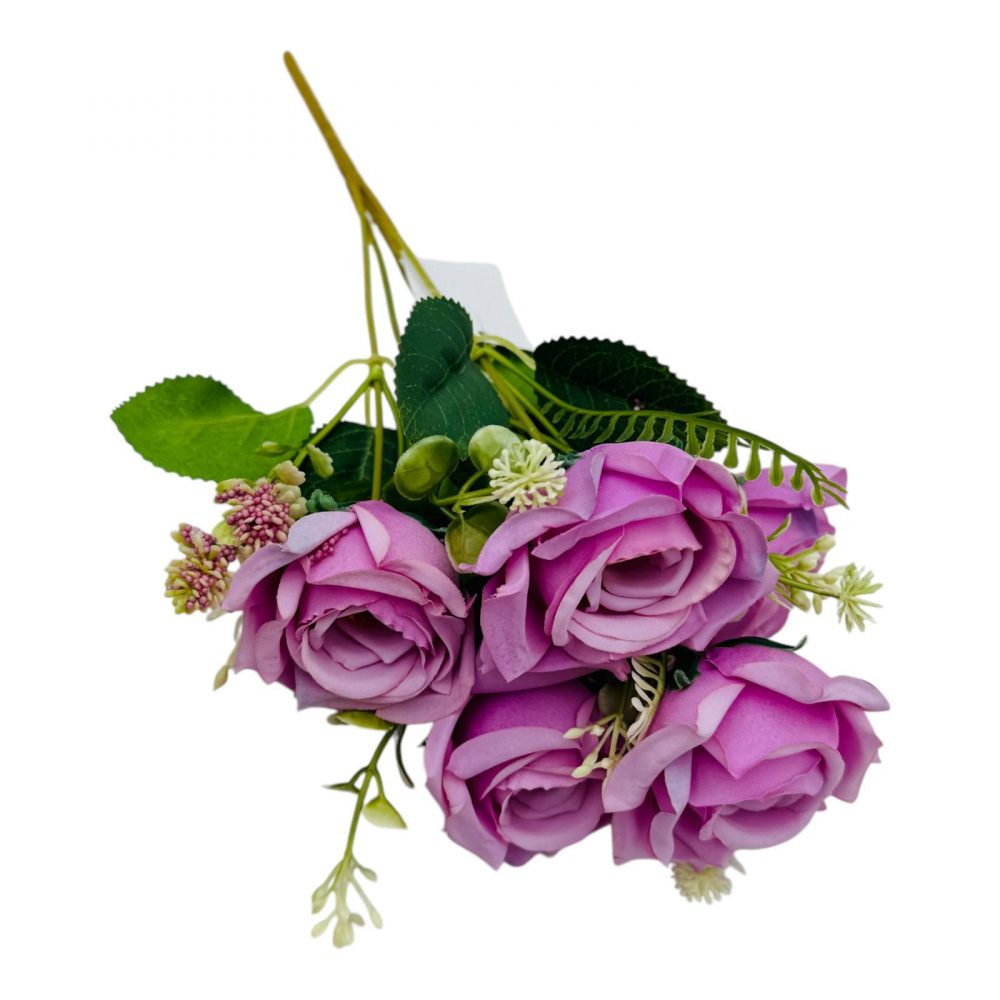 Buchet artificial elegant cu 5 trandafiri si boboci flori diverse, un singur fir, 30cm, lila [3]