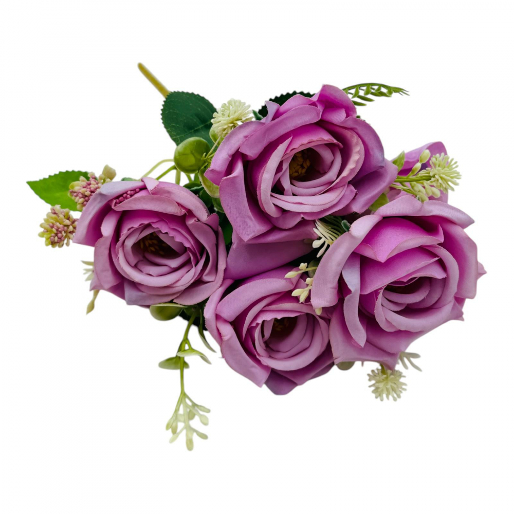 Buchet artificial elegant cu 5 trandafiri si boboci flori diverse, un singur fir, 30cm, lila [2]