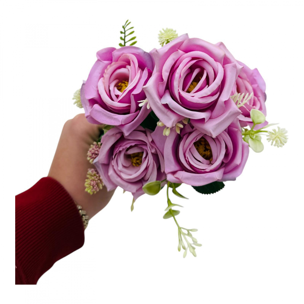 Buchet artificial elegant cu 5 trandafiri si boboci flori diverse, un singur fir, 30cm, lila [1]