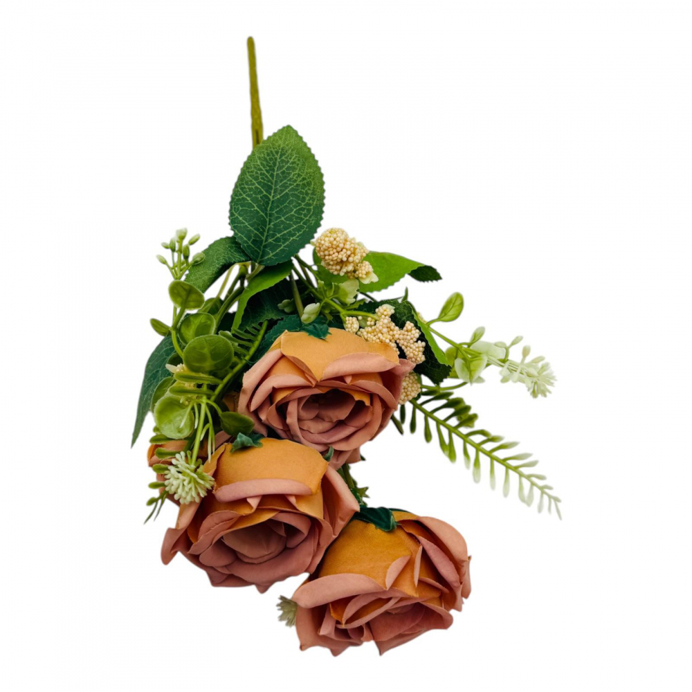 Buchet artificial elegant cu 5 trandafiri si boboci flori diverse, un singur fir, 30cm, maro [2]