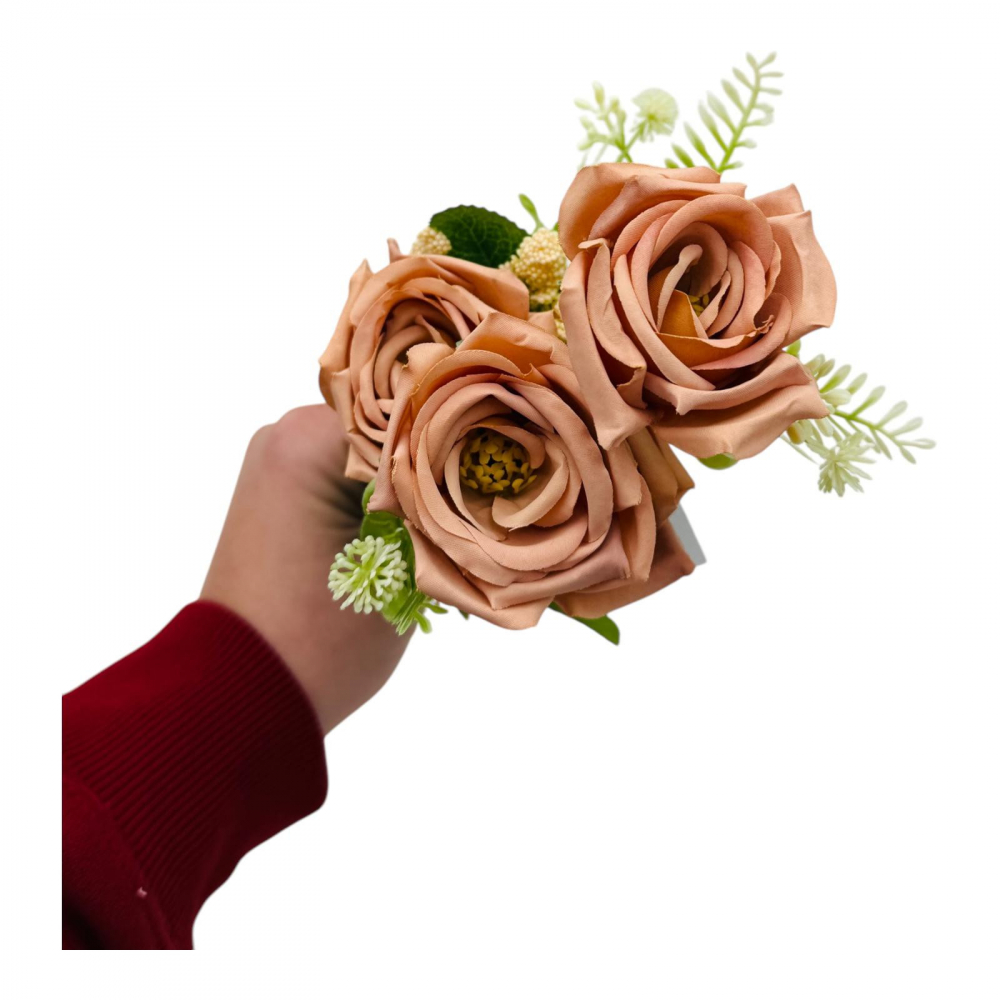 Buchet artificial elegant cu 5 trandafiri si boboci flori diverse, un singur fir, 30cm, maro [3]