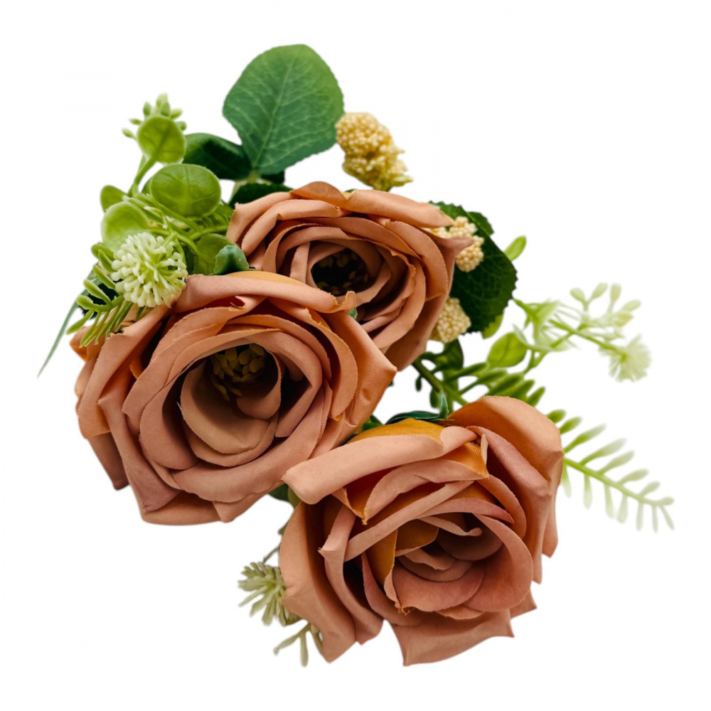 Buchet artificial elegant cu 5 trandafiri si boboci flori diverse, un singur fir, 30cm, maro [1]