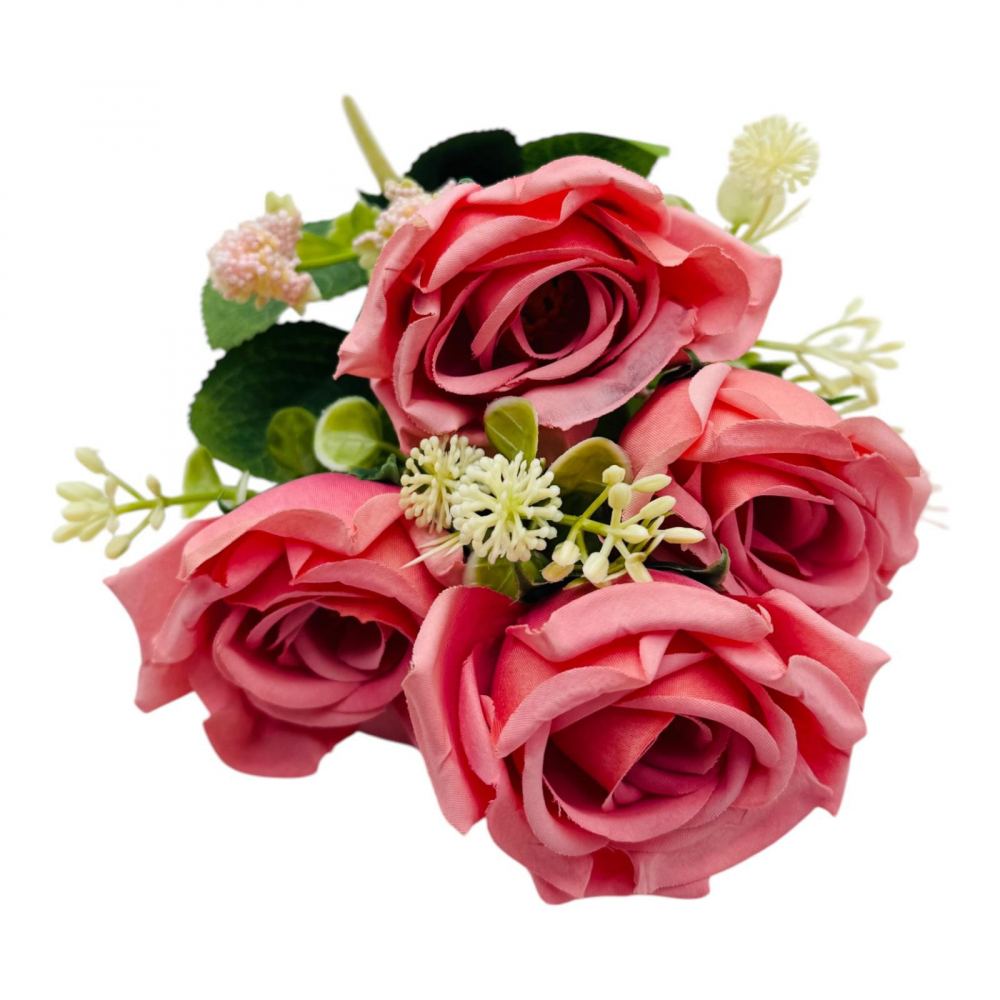 Buchet artificial elegant cu 5 trandafiri si boboci flori diverse, un singur fir, 30cm, roz [1]