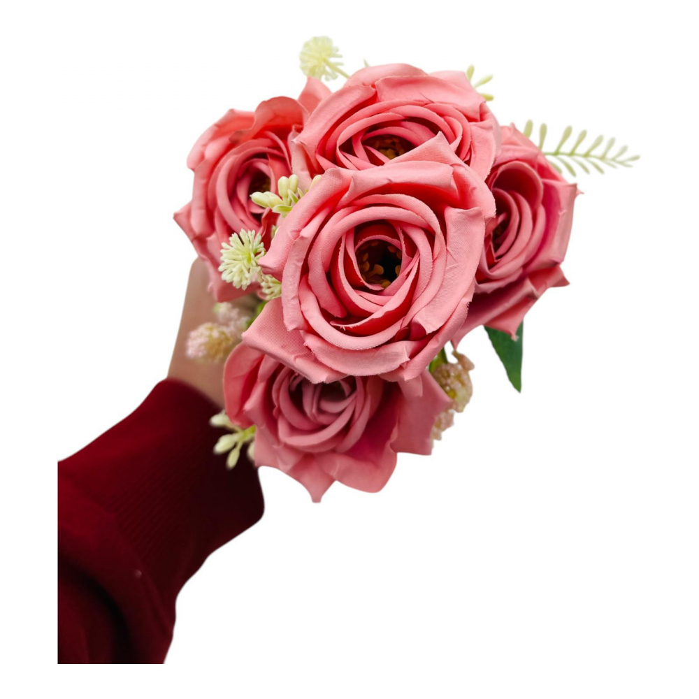 Buchet artificial elegant cu 5 trandafiri si boboci flori diverse, un singur fir, 30cm, roz [2]