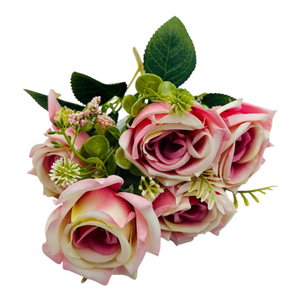Buchet artificial elegant cu 5 trandafiri si boboci flori diverse, un singur fir, 30cm, roz +crem [3]