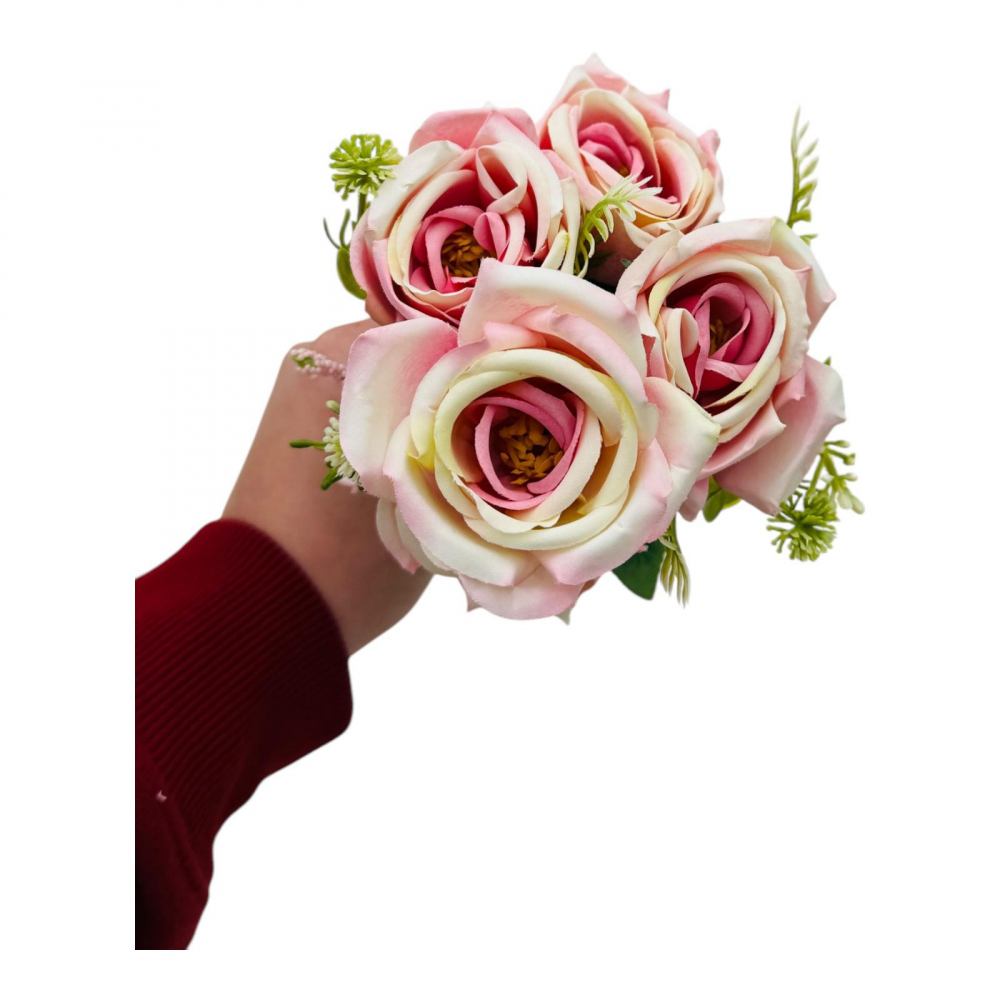 Buchet artificial elegant cu 5 trandafiri si boboci flori diverse, un singur fir, 30cm, roz +crem [1]