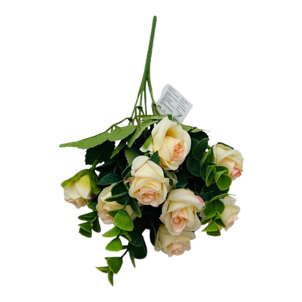 Buchet cu11 trandafiri crem si frunze de eucalipt un singur fir, 29cm, calitate superioara [2]