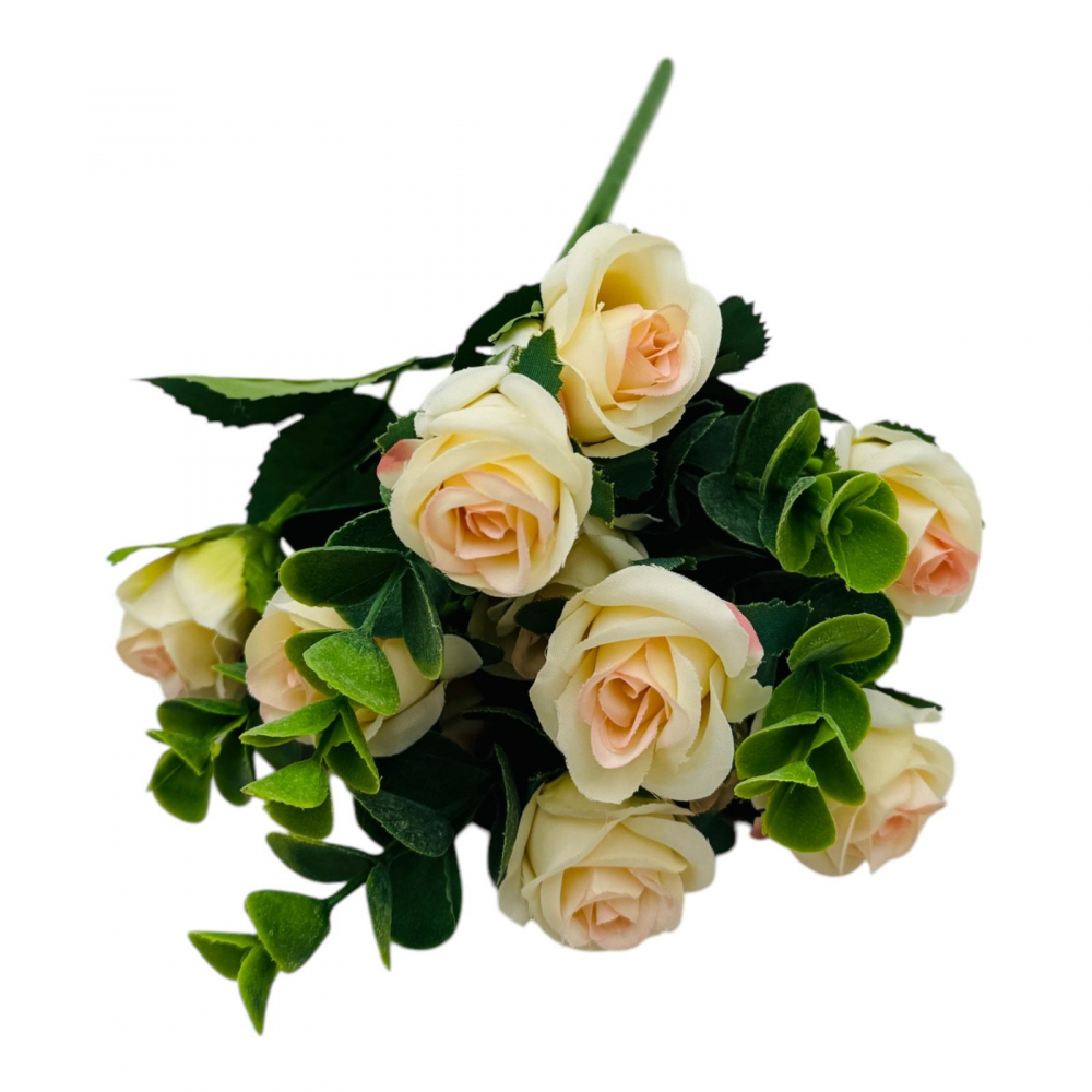 Buchet cu11 trandafiri crem si frunze de eucalipt un singur fir, 29cm, calitate superioara [3]