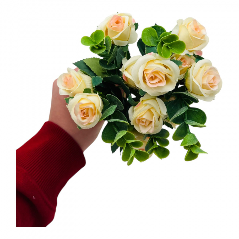 Buchet cu11 trandafiri crem si frunze de eucalipt un singur fir, 29cm, calitate superioara [1]
