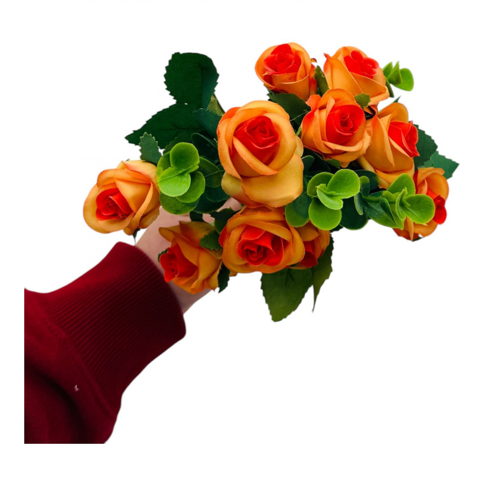 Buchet cu11 trandafiri portocalii si frunze de eucalipt, un singur fir, 29cm, calitate superioara [3]