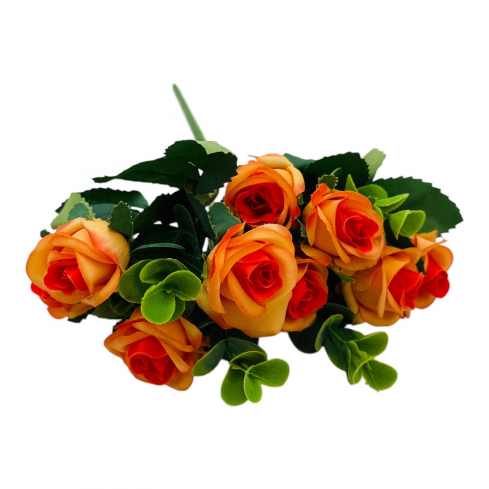 Buchet cu11 trandafiri portocalii si frunze de eucalipt, un singur fir, 29cm, calitate superioara [1]