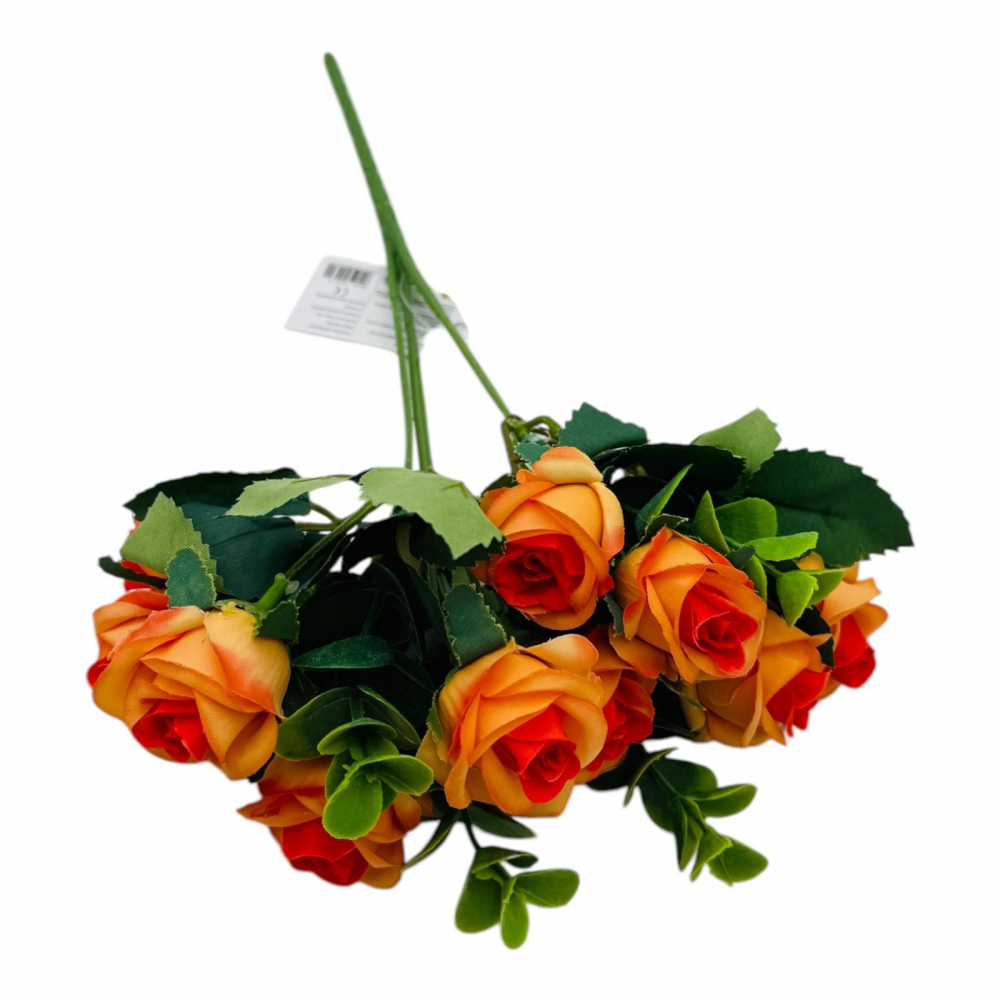 Buchet cu11 trandafiri portocalii si frunze de eucalipt, un singur fir, 29cm, calitate superioara [2]