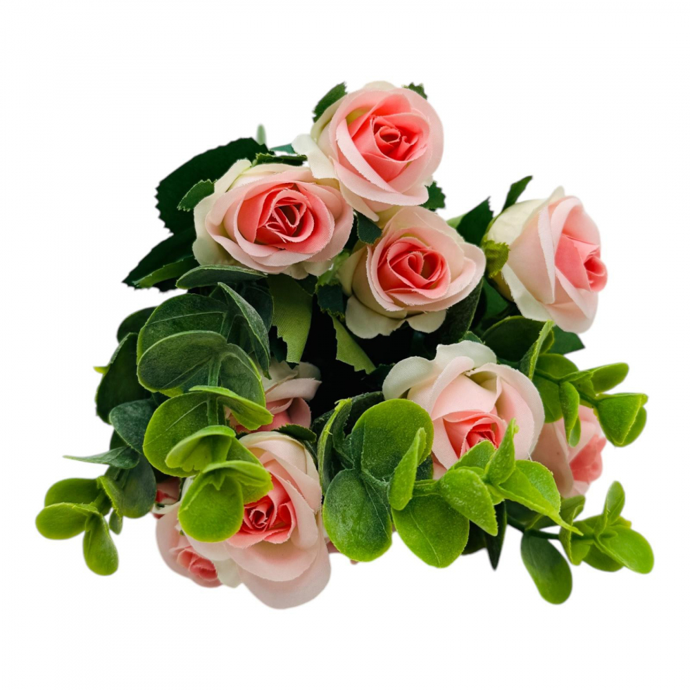 Buchet cu11 trandafiri rose si frunze de eucalipt, un singur fir, 29cm, calitate superioara [1]