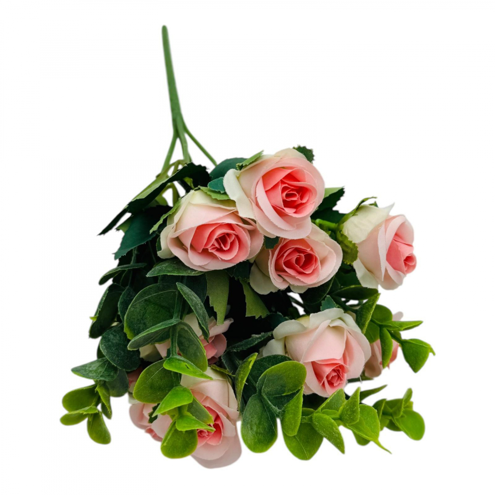 Buchet cu11 trandafiri rose si frunze de eucalipt, un singur fir, 29cm, calitate superioara [2]