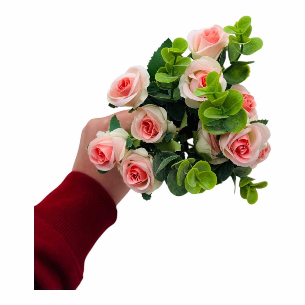 Buchet cu11 trandafiri rose si frunze de eucalipt, un singur fir, 29cm, calitate superioara [3]