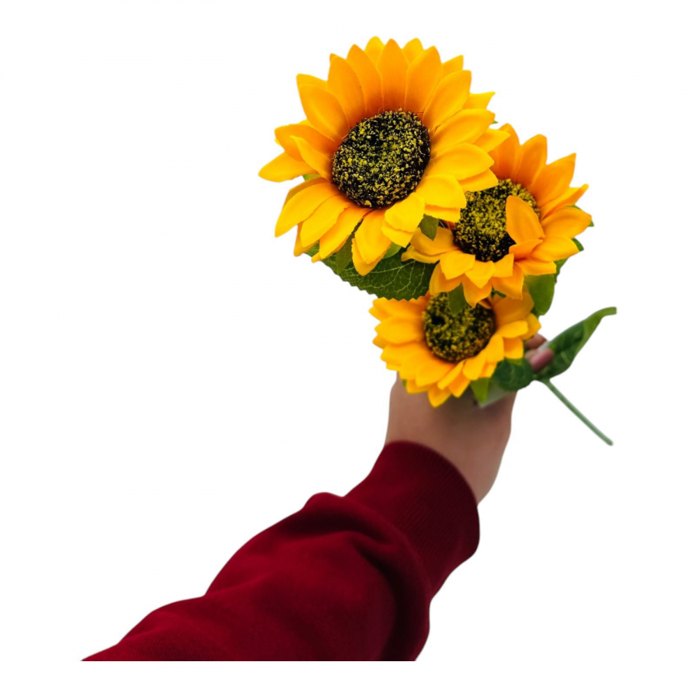 Buchet Floarea- Soarelui artificiala, 3 flori, un singur fir, 62 cm, galben intens [2]