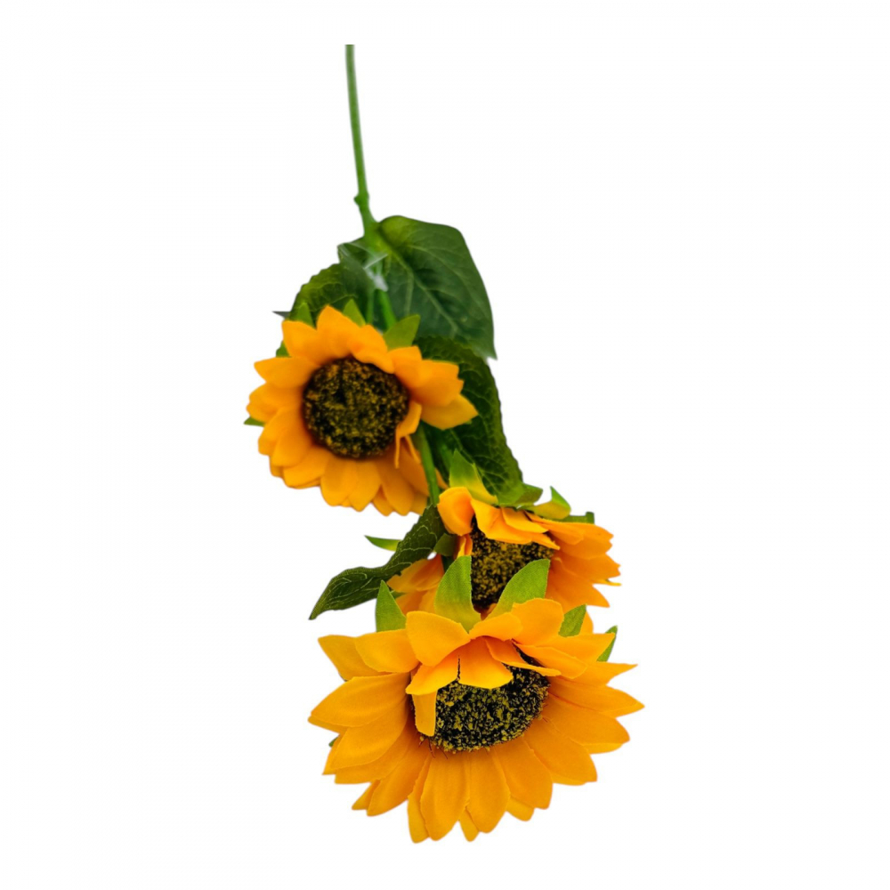 Buchet Floarea- Soarelui artificiala, 3 flori, un singur fir, 62 cm, galben intens [4]