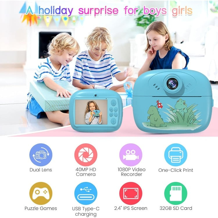 Camera foto instant pentru copii, printare, ecran 2.4inch, USB, jocuri incluse, o rola de hartie, suport card SD, 14×13×5cm  [5]