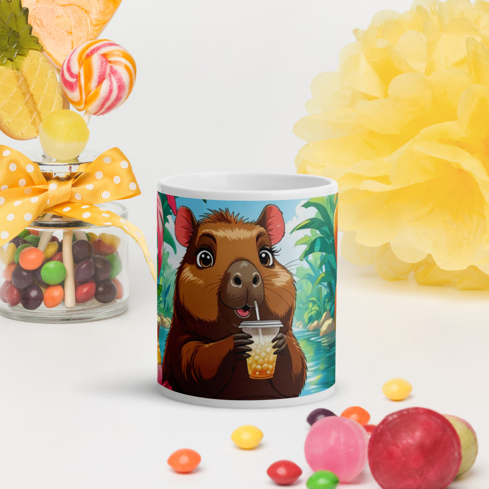 Cana ceramica 330 ml cu model Capibara si buble tea in jungla [4]