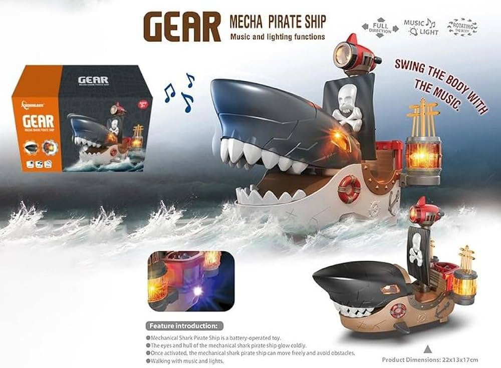 Corabie pirat Mecha Shark 22x13x17 cm cu lumini si muzica, mers cu evitare obstacole, jucarie electrica [4]