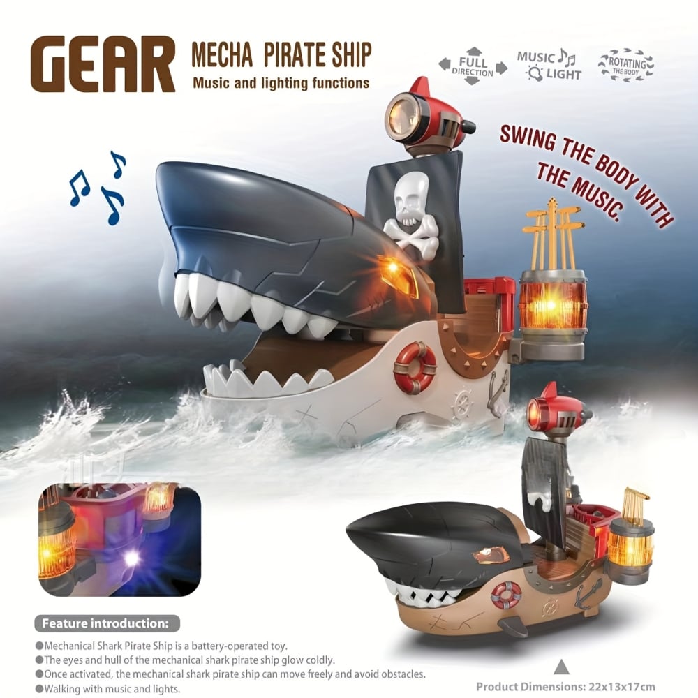 Corabie pirat Mecha Shark 22x13x17 cm cu lumini si muzica, mers cu evitare obstacole, jucarie electrica [1]
