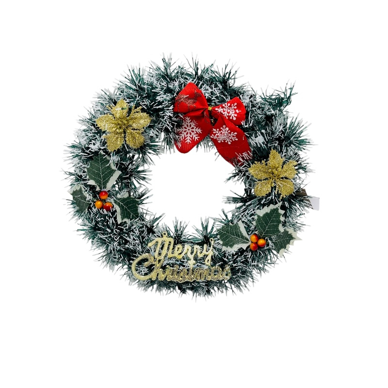 Coronita de Craciun artificiala 30 cm cu funda rosie, flori aurii, frunze verzi si mesaj Merry Christmas [1]