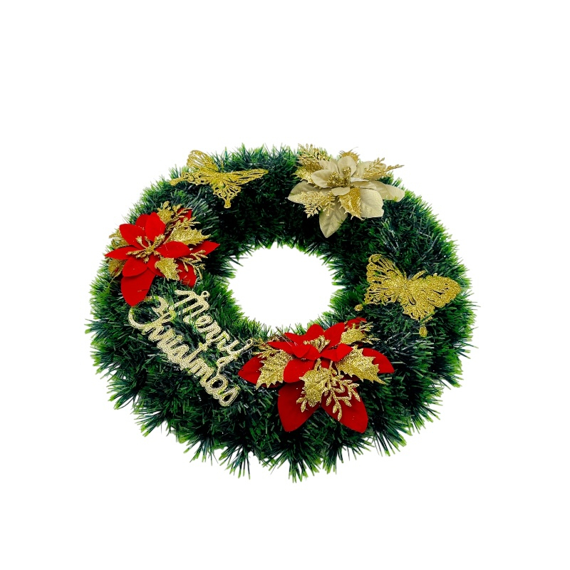 Coronita de Craciun artificiala 36 cm cu flori rosii si aurii, fluturi aurii si mesaj Merry Christmas [3]