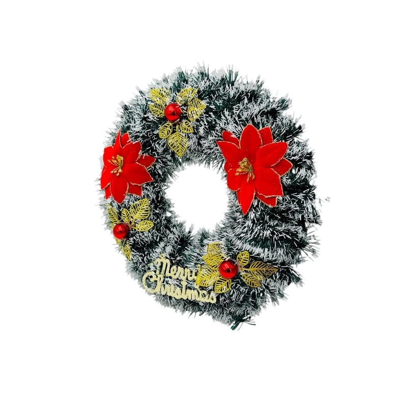 Coronita de Craciun artificiala 40 cm cu flori rosii poinsettia, frunze aurii si mesaj Merry Christmas [2]