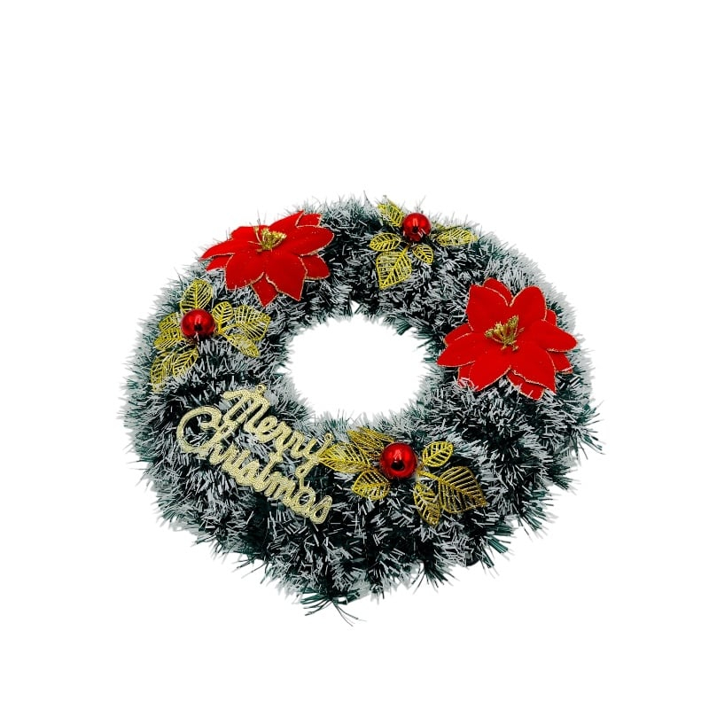 Coronita de Craciun artificiala 40 cm cu flori rosii poinsettia, frunze aurii si mesaj Merry Christmas [3]