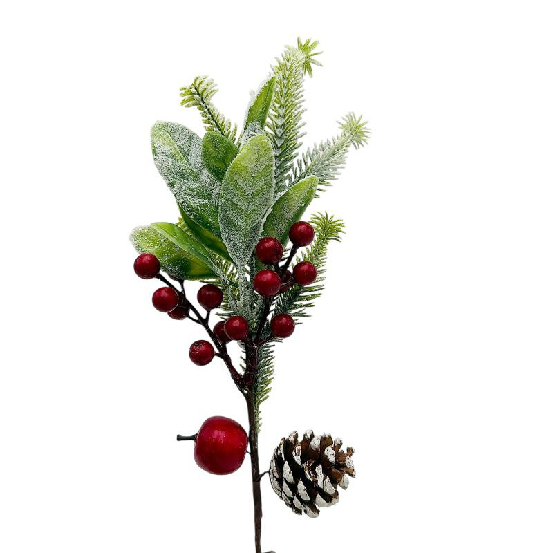 Crenguta decorativa de Craciun cu frunze inghetate, bobite rosii, 34cm [1]