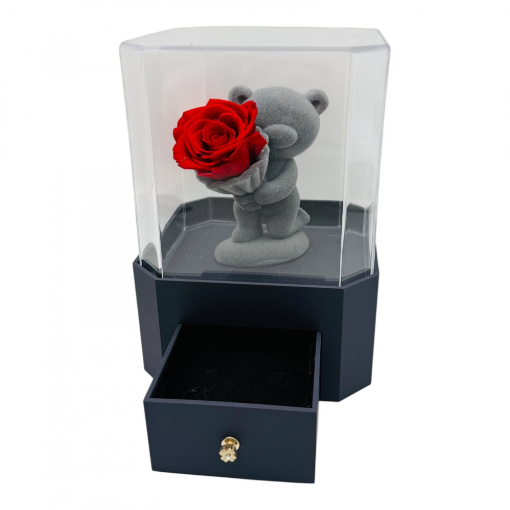 Cutie cadou luxoasa cu ursulet decorativ, trandafir criogenat si sertar pentru daruri personalizate [5]
