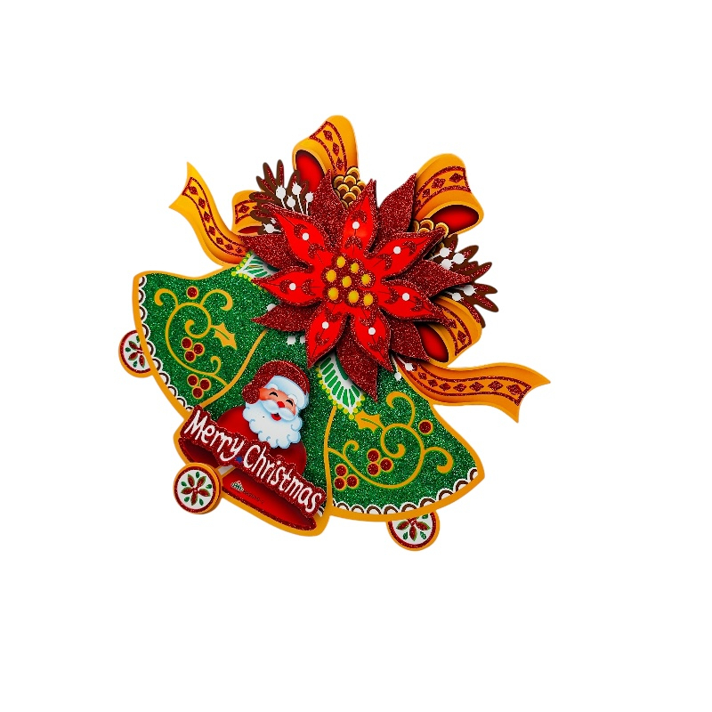 Decor Craciun 3D clopot verde cu floare poinsettia si Mos Craciun – Merry Christmas, 45x30 cm [2]