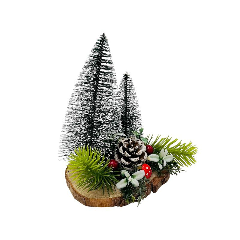 Decoratiune Craciun cu 2 brazi pe suport din lemn natural  16x13x13cm [1]