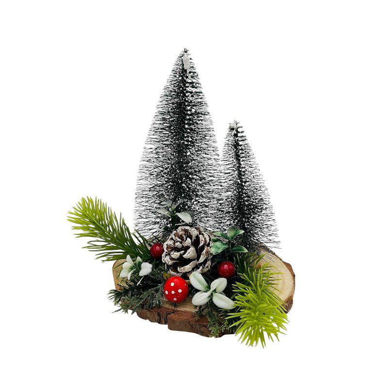 Decoratiune Craciun cu 2 brazi pe suport din lemn natural  16x13x13cm [2]
