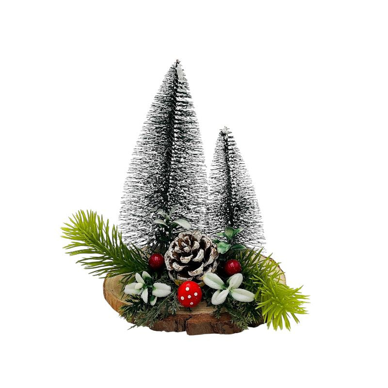 Decoratiune Craciun cu 2 brazi pe suport din lemn natural  16x13x13cm [3]
