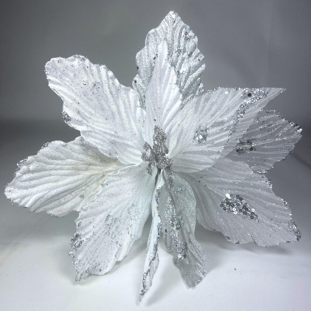 Floare de Craciun Poinsettia alb-argintiu cu glitter, clip/tija, 32 cm [4]