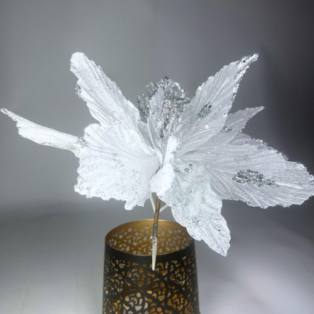 Floare de Craciun Poinsettia alb-argintiu cu glitter, clip/tija, 32 cm [3]