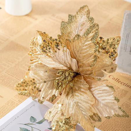 Floare de Craciun Poinsettia auriu cu glitter, clip/tija, 32 cm [1]