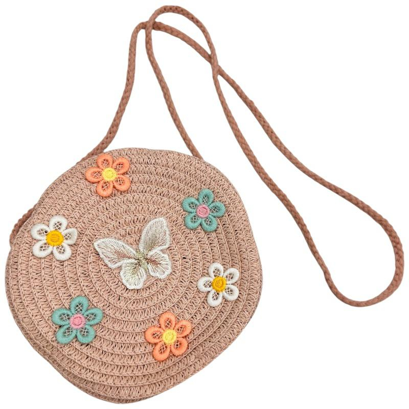 Geanta rotunda pentru fetite cu flori brodate si fluture – model cu fermoar si curea lunga [1]