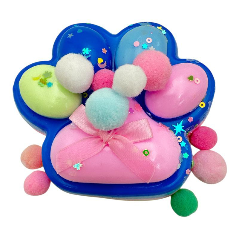 Jucarie Antistres BaoBao, Squishy Cat Paw, cu Revenire Lenta, 12.5 x 10.5 cm, 220g, Albastru Multicolor, Ambalaj Transparent [1]