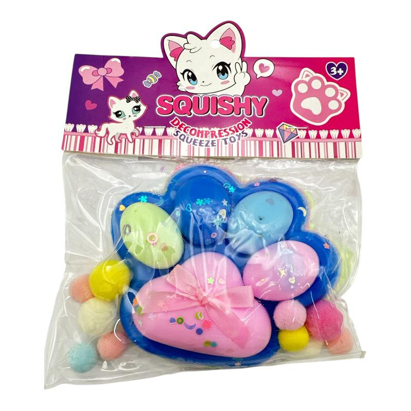 Jucarie Antistres BaoBao, Squishy Cat Paw, cu Revenire Lenta, 12.5 x 10.5 cm, 220g, Albastru Multicolor, Ambalaj Transparent [2]