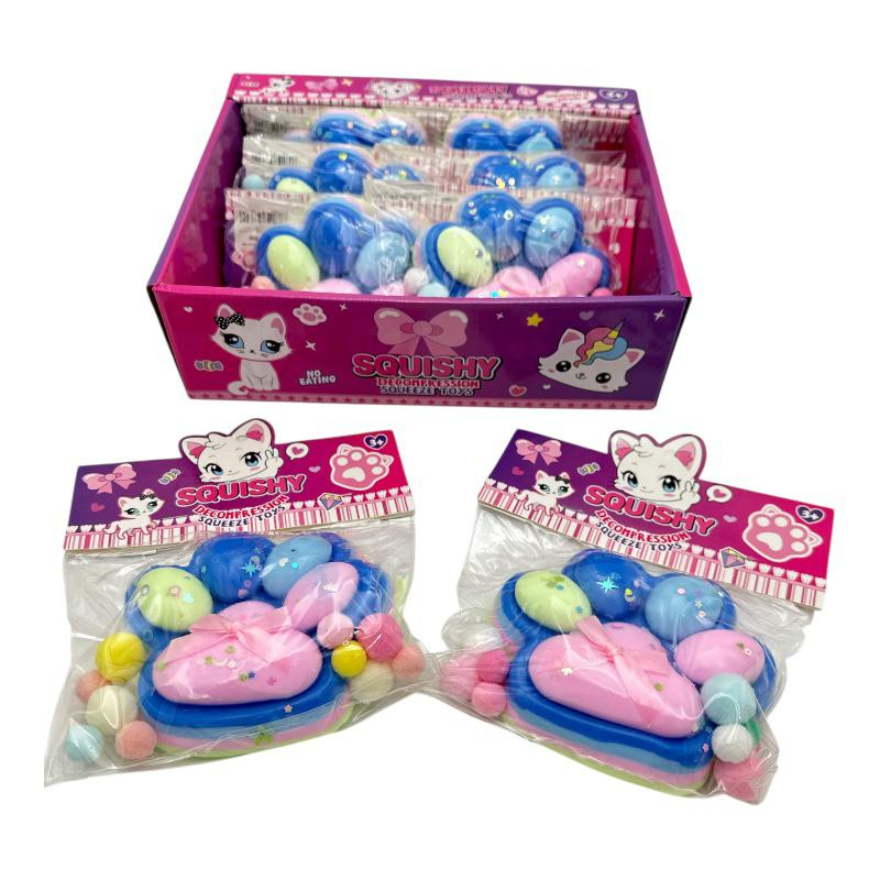 Jucarie Antistres BaoBao, Squishy Cat Paw, cu Revenire Lenta, 12.5 x 10.5 cm, 220g, Albastru Multicolor, Ambalaj Transparent [6]