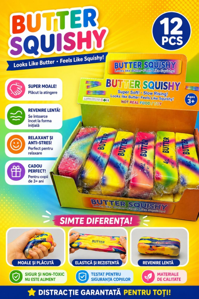 Jucarie antistres Butter Squishy 13cm, model pachet de unt rainbow marble, slow rising [3]